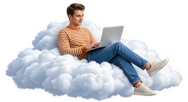 A developer working on a laptop, sitting on a cloud