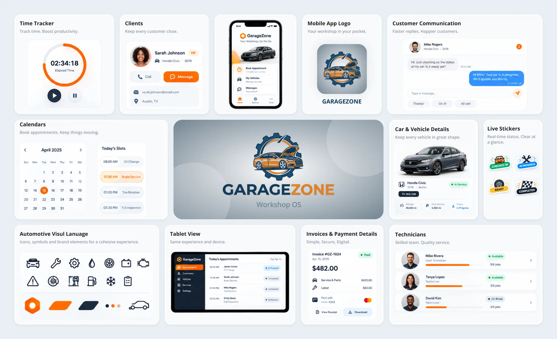 GarageZone, Workshop OS: the logo at the centre of its screens, including time tracking, clients, the mobile app, customer messages, bookings and today's slots, vehicle details, live job stickers, the tablet view, invoices and payments, and the technicians' board